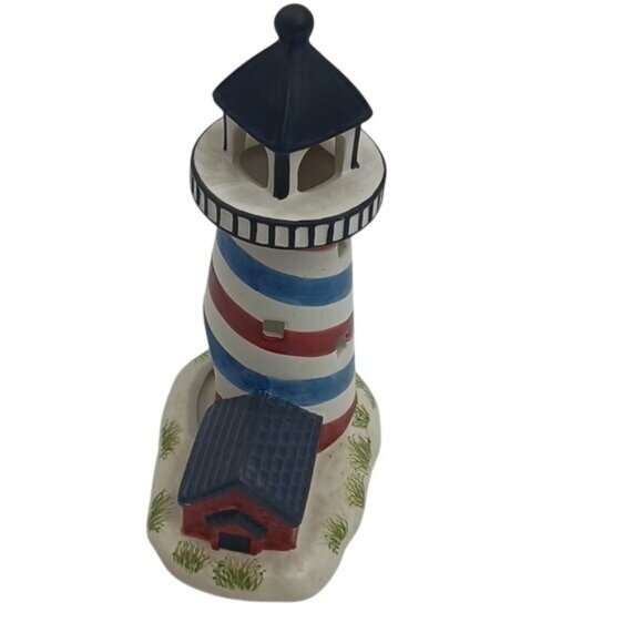 Yankee Candle Ceramic Lighthouse Candle Holder Patriotic Red White Blue Coastal - Picture 2 of 5